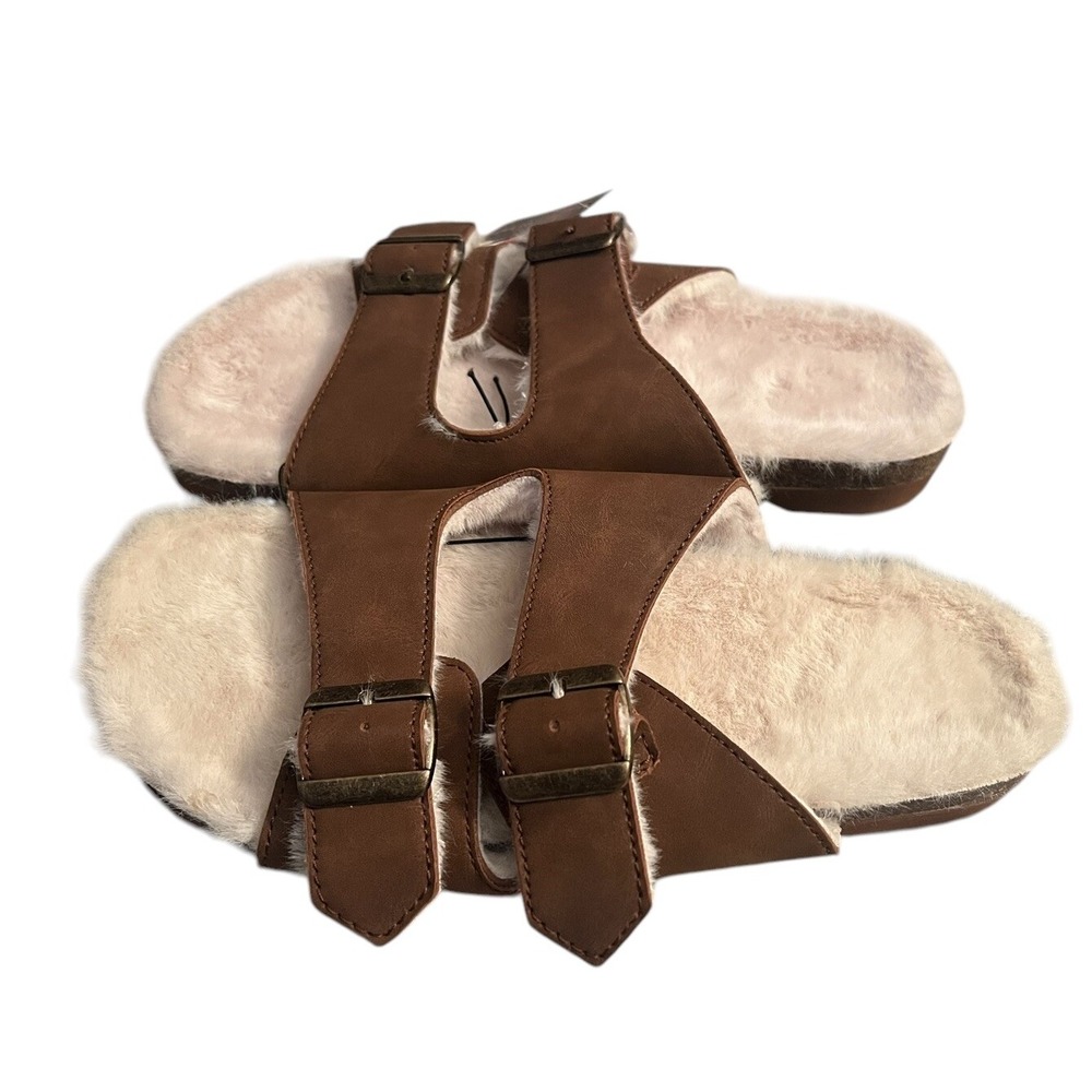 No Boundaries Slides Sandals Brown Faux Fur Lined Double Buckle Platform 11